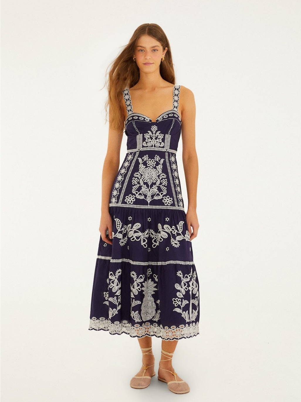 Farm Rio Navy / Blue Richelieu Embroidered Midi Dress